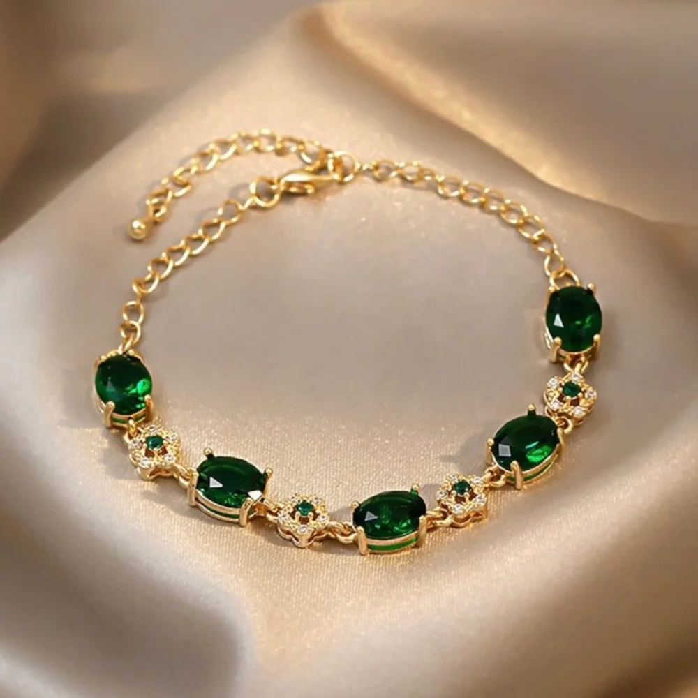 18K Gold Plated Green Crystal Emerald Charm Bracelet for Women - Picture 2 of 5